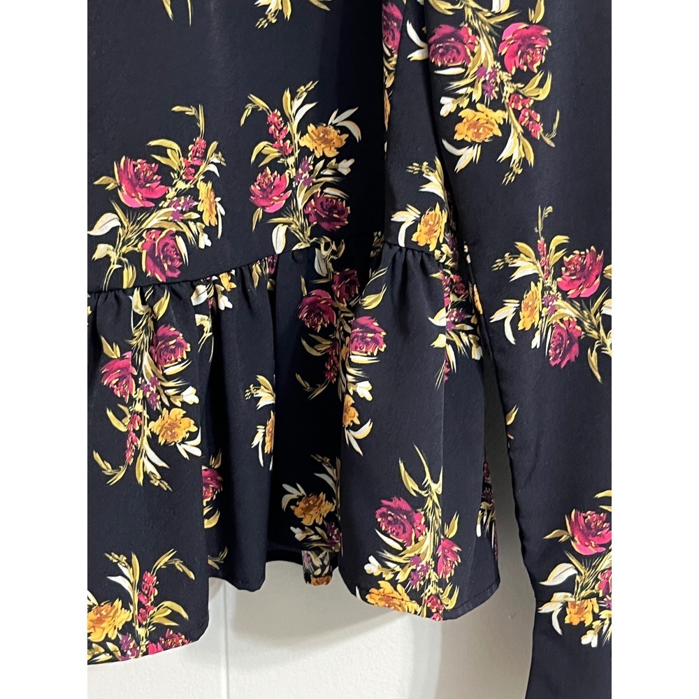 Thakoon Collective Floral Ruffle Blouse Long Sleeve Top Black‎ Size 0 - Picture 7 of 9